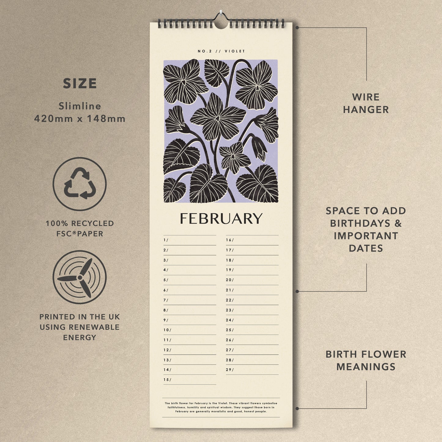 Birth Flower Perpetual Slim Wall Calendar