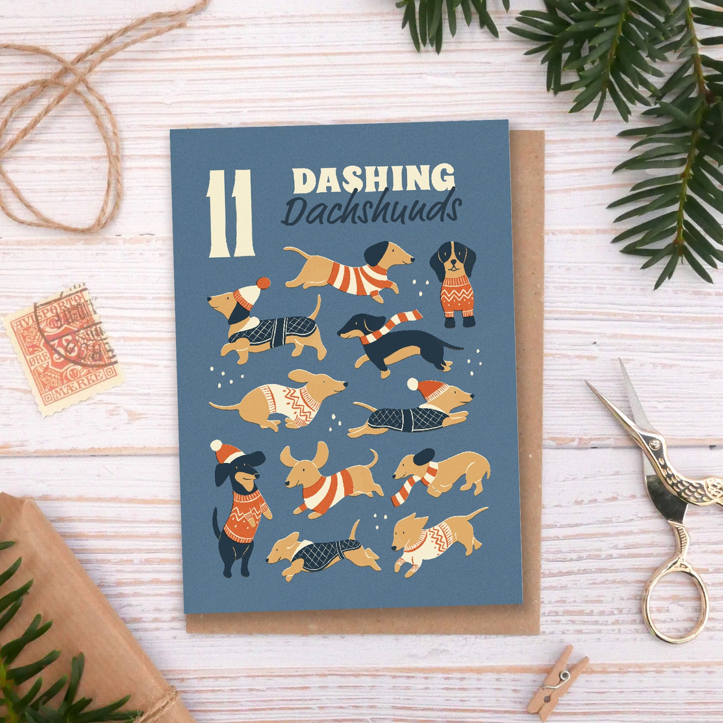 11 Dashing Dachshunds Christmas Card