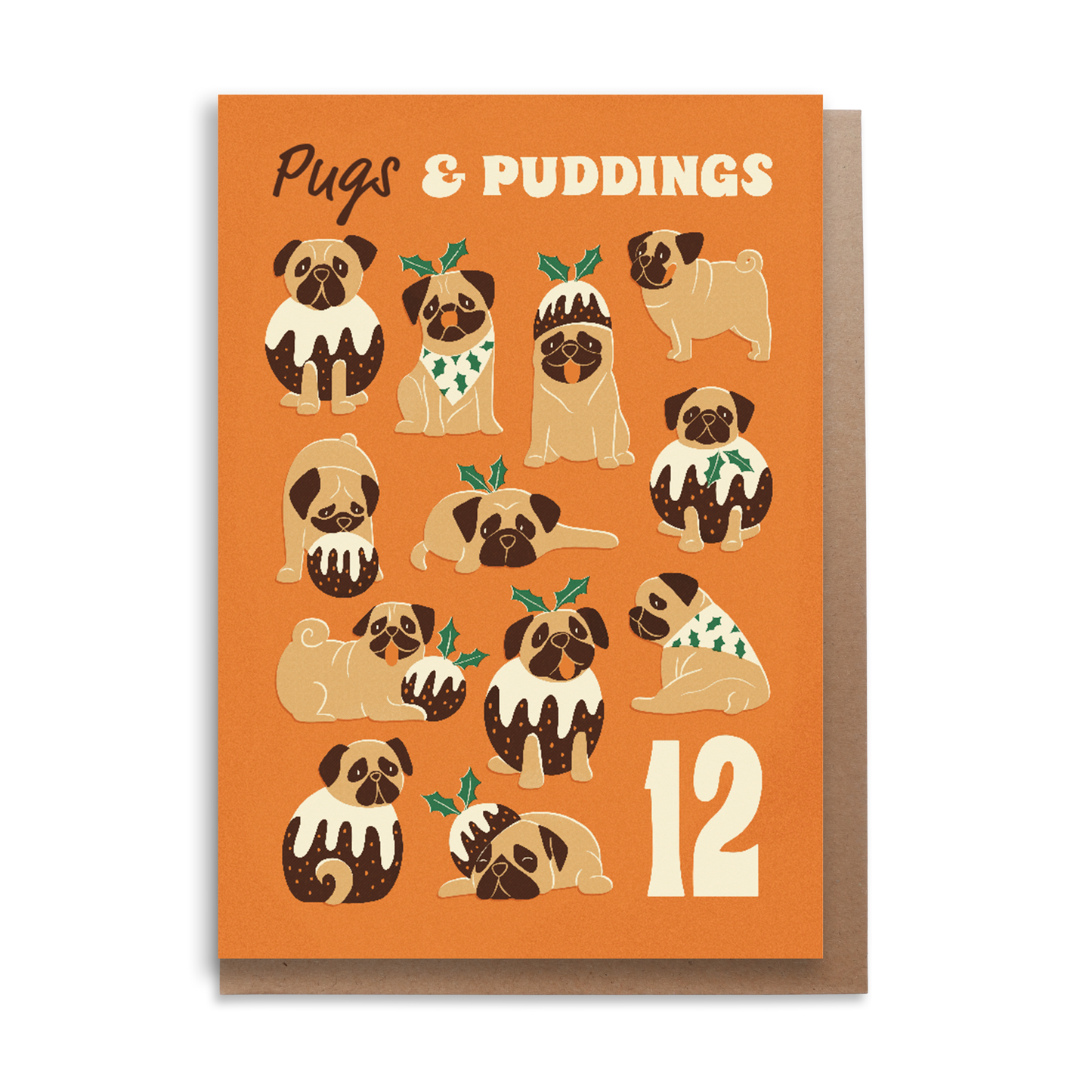 12 Pugs and Puddings Christmas Card