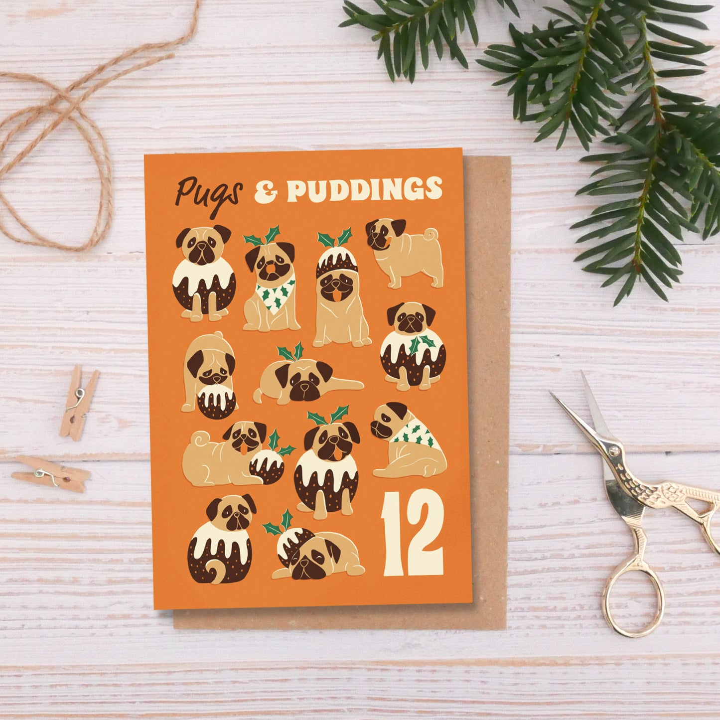 12 Pugs and Puddings Christmas Card