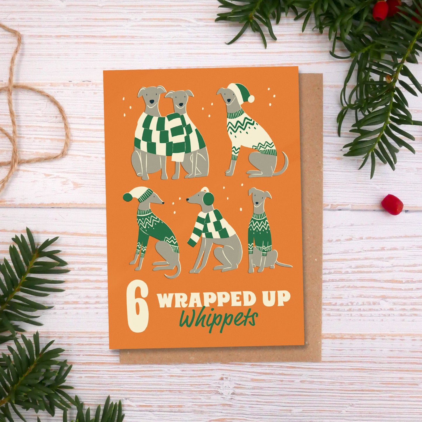 6 Wrapped up Whippets Christmas Card