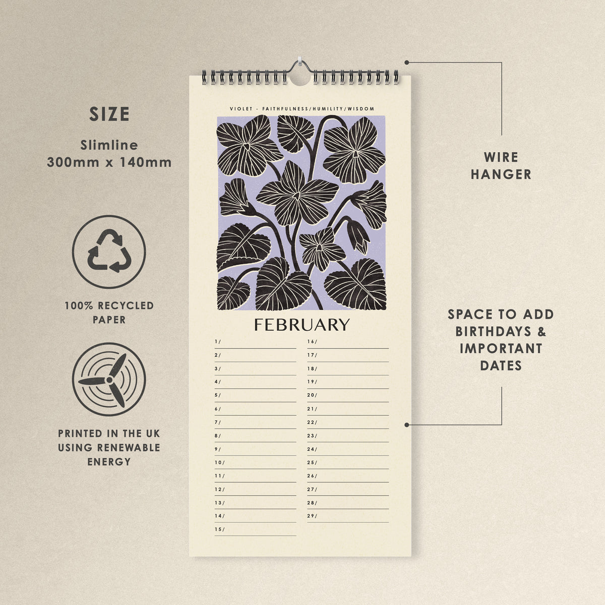 Birth Flower Perpetual Slim Wall Calendar